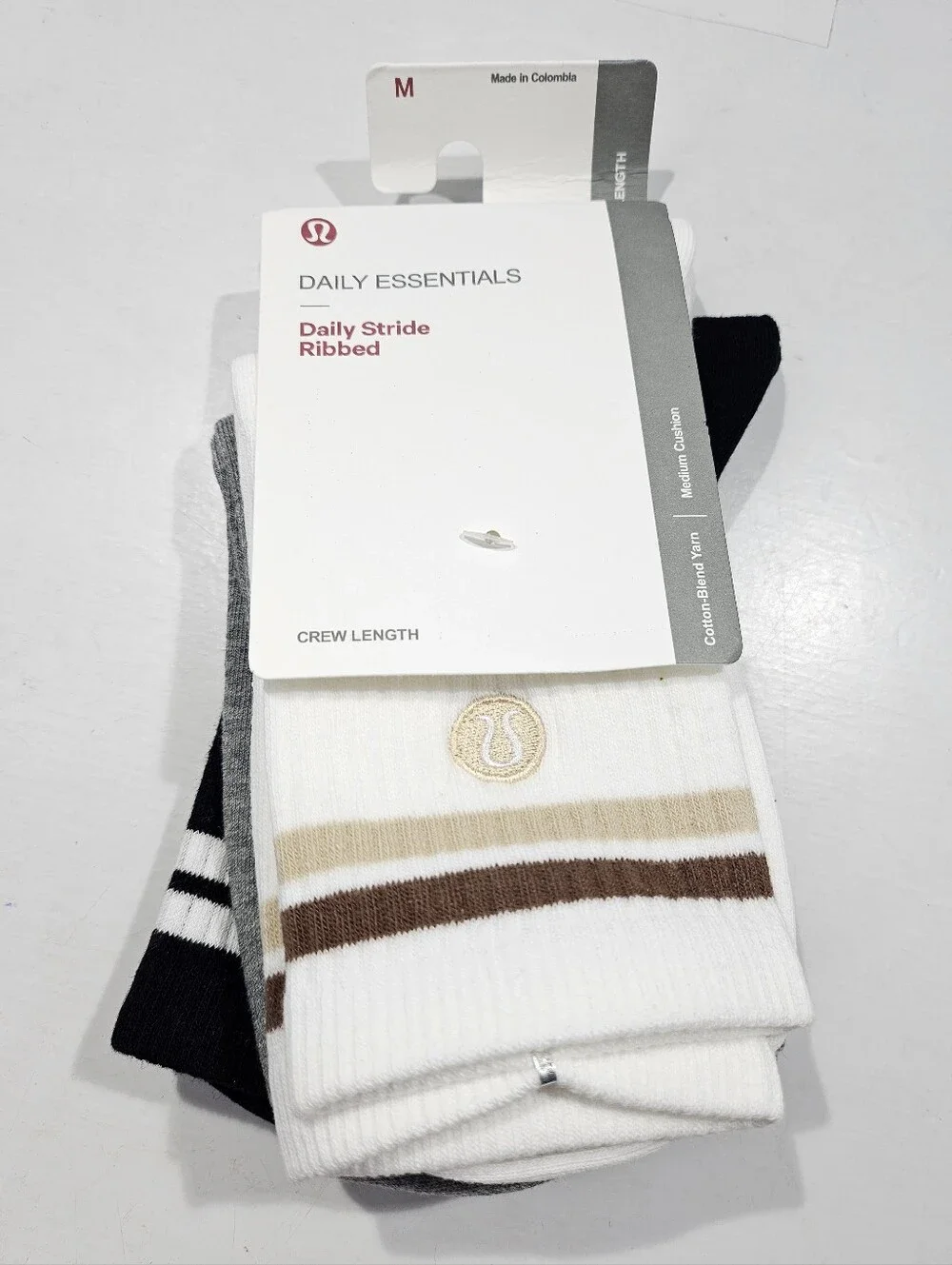 LULULEMON PACK OF 3 DAILY STRIDE RIBBED ESSENTIALS CREW LENGTH SOCKS SIZE M